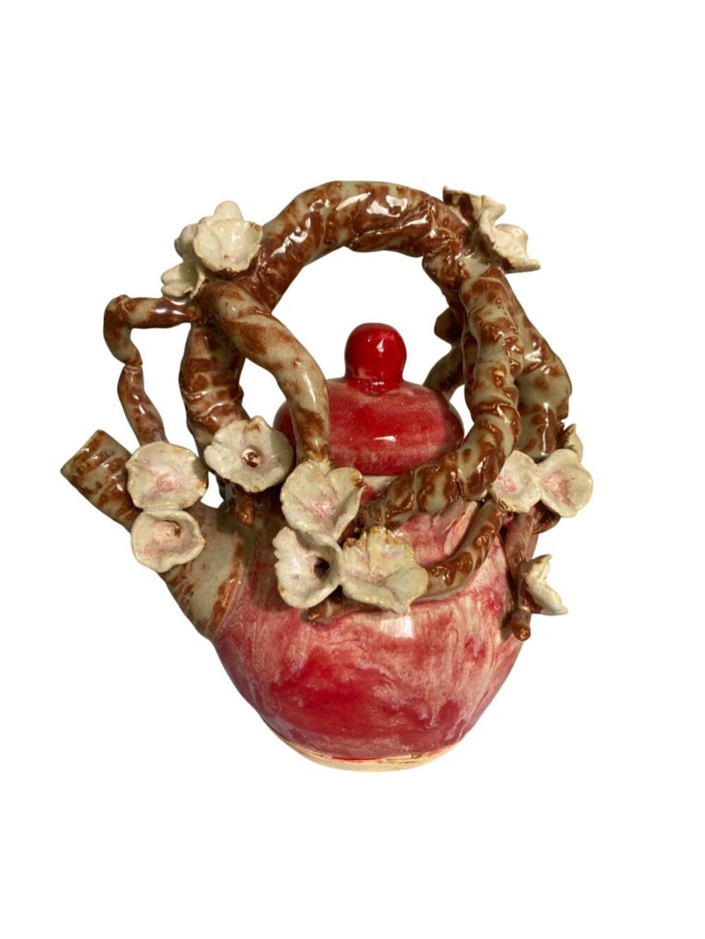 Art Pottery Teapot With Pink 3D Plum Or Cherry Blossom Design Signed